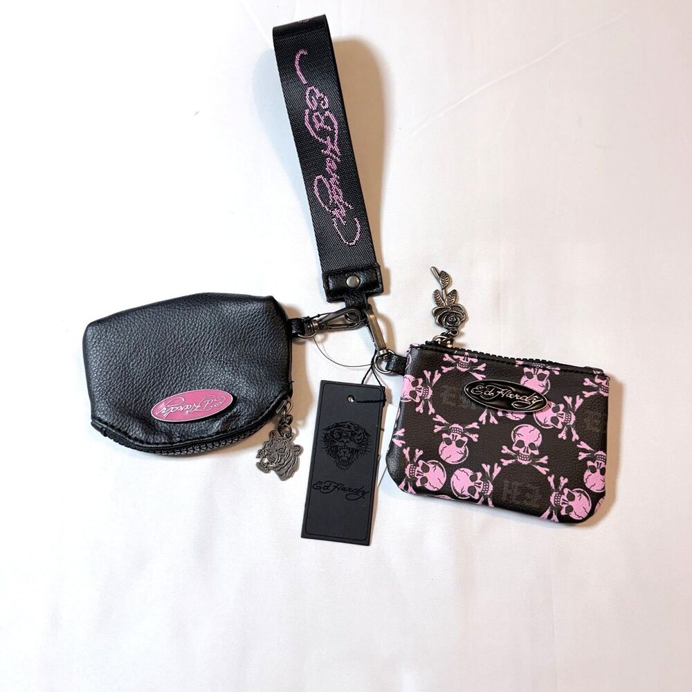 Ed Hardy Pink-Black Skulls Wallet & Wristlet Charms Keychain Double Pouch NWT - Picture 5 of 6